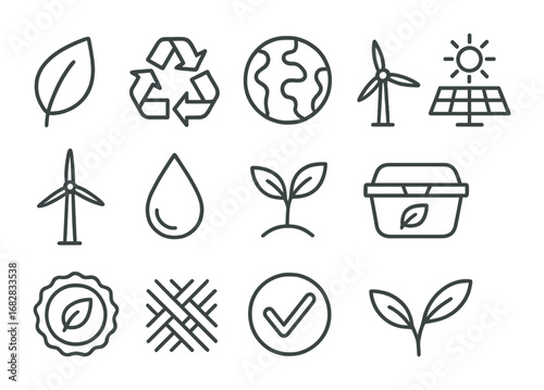 Eco Icon Set. Outline icon set of environmental product icons: leaf, recycle arrows, earth, solar panel, wind