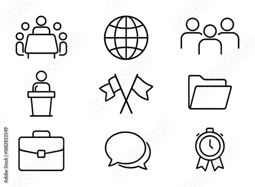 International Business Icons. Outline icon set of international business meetings: conference table, globe,