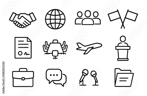 International Business Icons. Outline icon set of international business summits: handshake, globe, delegates,