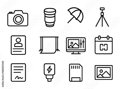 Photography Icon Set. Outline icon set of bespoke photography shoots: camera, lens, lighting umbrella, tripod,