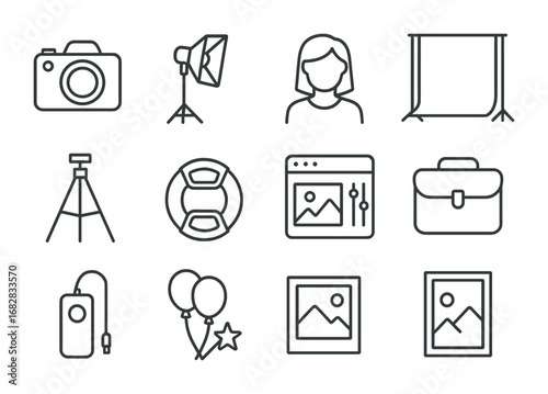 Photography Equipment Icons. Outline icon set of personalized portrait sessions: camera, studio light, client,