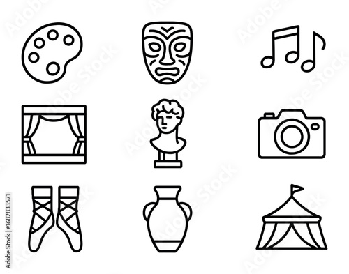 Cultural Fusion Icons. Outline icon set of fusion of arts and cultures: artist palette, traditional mask,
