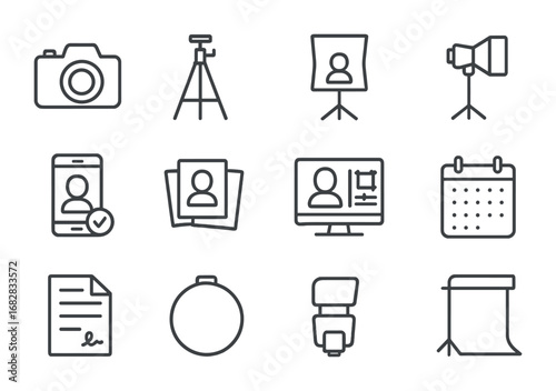 Photo Shoot Icon Set. Outline icon set of personalized photo shoot elements: camera, tripod, studio lights,