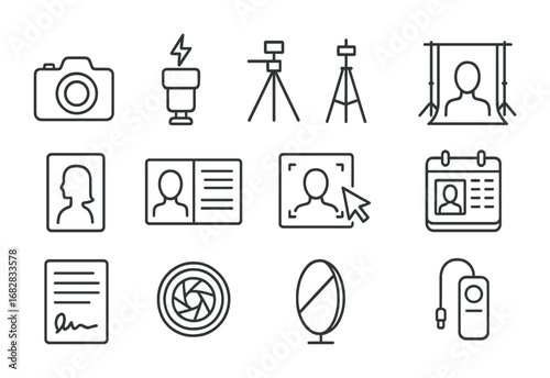 Photography Icon Essentials. Outline icon set of custom portrait photography: camera, flash, tripod, studio