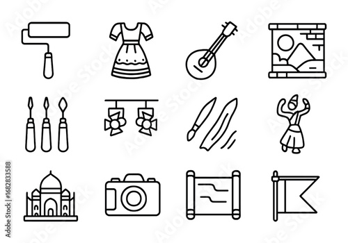 Global Art Icons. Outline icon set of global art and culture mix: paint roller, folk costume, musical