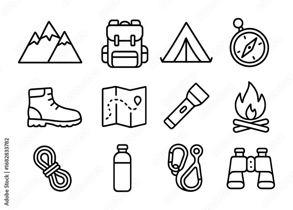 Fototapeta premium Adventure Icon Collection. Outline icon set of adventure travel guides: mountain, backpack, tent, compass,