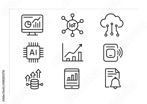 IoT Office Analytics Icons. Outline icon set of IoT office analytics: dashboard chart, IoT hub, data cloud, AI
