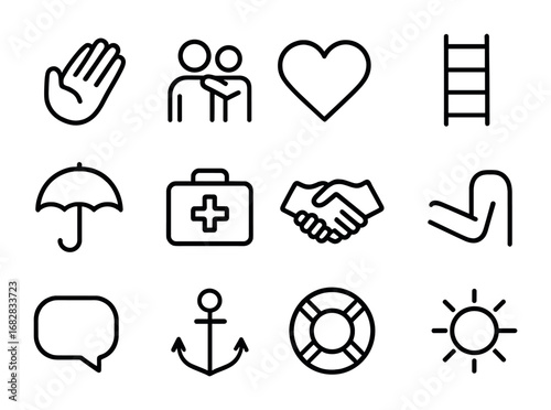 Friendship Support Icons. Outline icon set of support in friendships: helping hand, shoulder pat, heart,