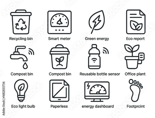 IoT Office Sustainability Icons. Outline icon set of IoT office sustainability: recycling bin, smart meter,