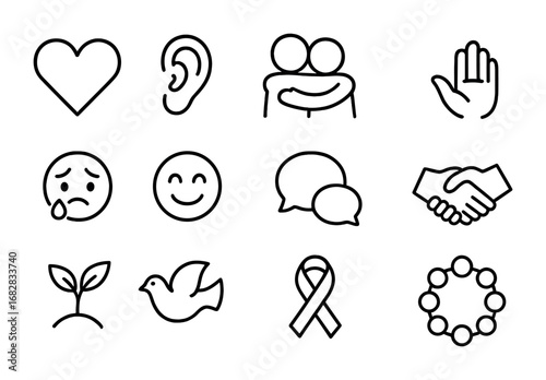 Empathy Icon Set. Outline icon set of empathy in friendships: heart, ear, hug, open palm, crying face, smile