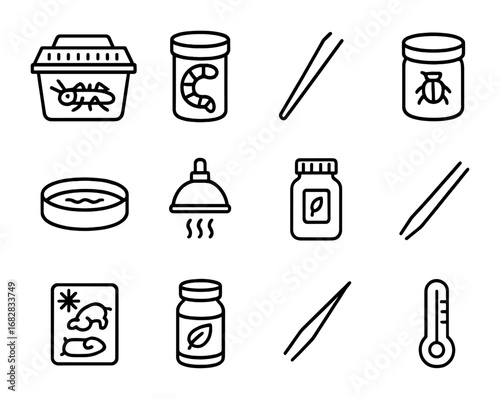 Reptile Feeding Icons. Outline icon set of feeding reptiles: cricket box, worm container, tongs, pellet dish,