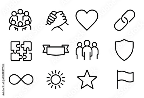 Unity Icons Collection. Outline icon set of unity in friendships: group circle, clasped hands, heart, chain,