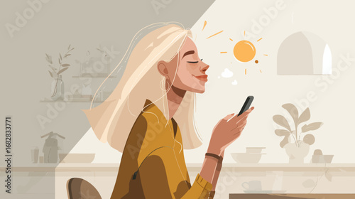 A woman with long, light hair smiles while using her smartphone. Sunlight streams in from a window, creating a warm and inviting atmosphere in a modern indoor space.