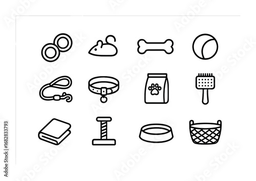 Pet Basket Essentials Icons. Outline icon set of pet basket storage: dog toy, cat toy, bone, ball, leash,