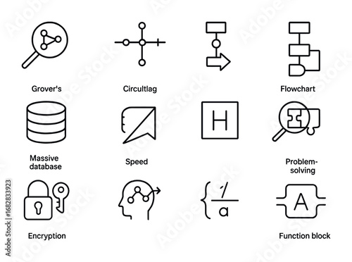 Quantum Algorithms Icons. Outline icon set of quantum algorithms: Grover’s search, Shor’s factoring, circuit