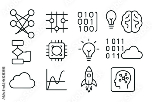 Quantum Machine Learning Icons. Outline icon set of quantum machine learning: neural network, qubit gates,