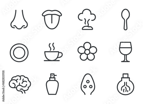 Flavor and Aroma Icons. Outline icon set of flavor and smell connection: nose, tongue, aroma cloud, spoon,