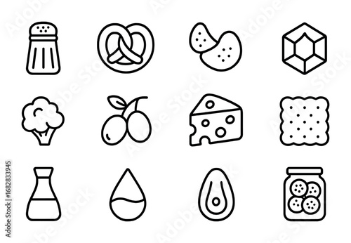 Salty Flavor Icons. Outline icon set of salty taste perception: salt shaker, pretzel, chips, sea salt crystal,