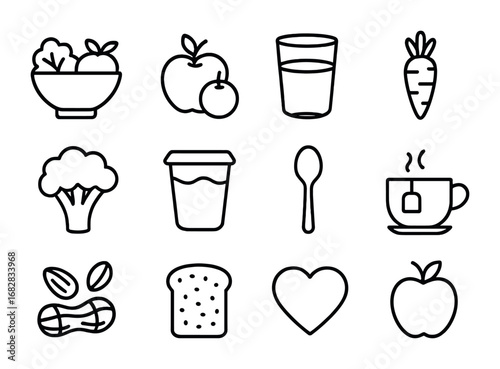 Healthy Eating Icons. Outline icon set of healthy taste habits: salad bowl, fruit, water glass, carrot,
