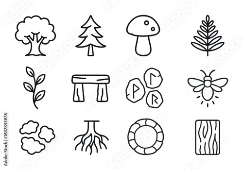 Ancient Forest Icon Set. Outline icon set of ancient forest symbols: oak tree, pine tree, mushroom, fern, vine