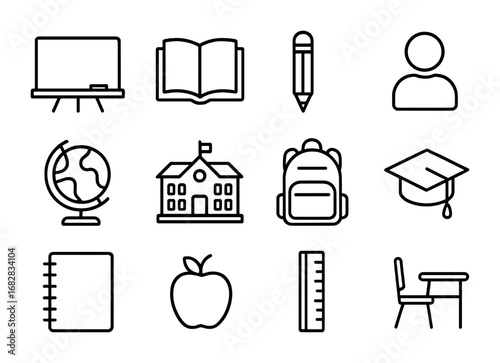 Education Icon Set. Outline icon set of teaching and education volunteering: chalkboard, book, pencil, student