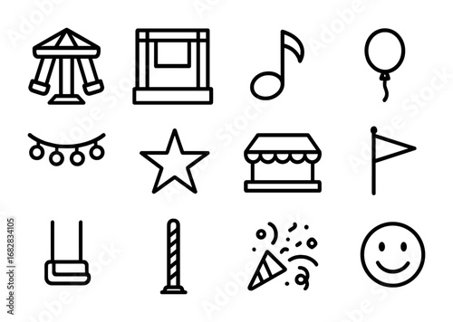 Festival Swing Icons. Outline icon set of festival swings: merry-go-round swing, stage, music note, balloon,
