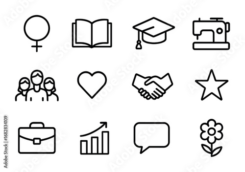 Women's Empowerment Icons. Outline icon set of women’s empowerment projects: female symbol, book, graduation