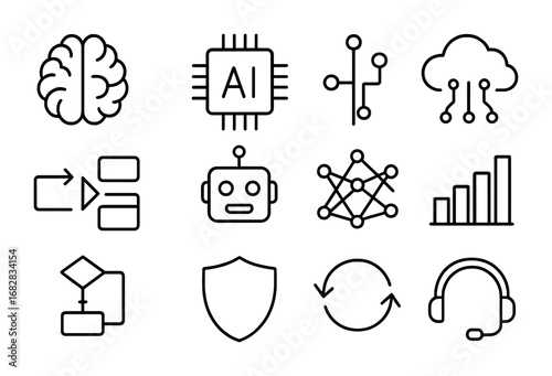 AI Mental Health Icons. Outline icon set of AI for mental health: brain, AI chip, circuit, cloud, data flow,