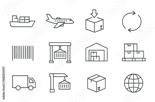 Import Export Icons. Outline icon set of import and export: cargo ship, airplane, customs box, arrows exchange