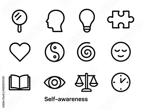 Self-Awareness Icons. Outline icon set of self-awareness: mirror, human head, light bulb, puzzle piece, heart,