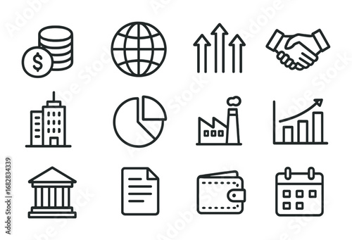 FDI Icon Set. Outline icon set of foreign direct investment: coins stack, globe, arrows up, handshake,