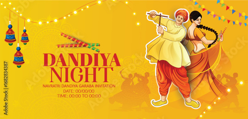 Dandiya Dance Celebration During Navratri Festival Night  Dandiya dance performance during the Navratri festival with colorful costumes and an energetic ambiance.