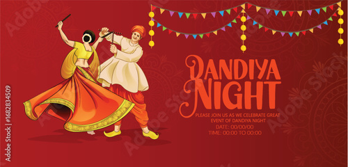 Dandiya Dance Celebration During Navratri Festival Night  Dandiya dance performance during the Navratri festival with colorful costumes and an energetic ambiance.