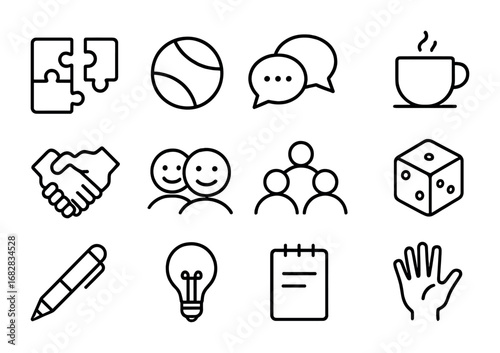 Icebreaker Icon Set. Outline icon set of ice-breaking activities: puzzle pieces, ball, chat bubbles, coffee
