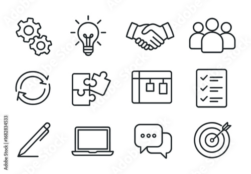 Collaboration Skills Icons. Outline icon set of collaboration skills: gears, lightbulb, handshake, group of
