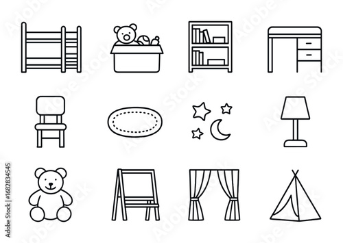 Kids' Room Icons. Outline icon set of kids’ room design: bunk bed, toy box, bookshelf, desk, chair, rug, wall