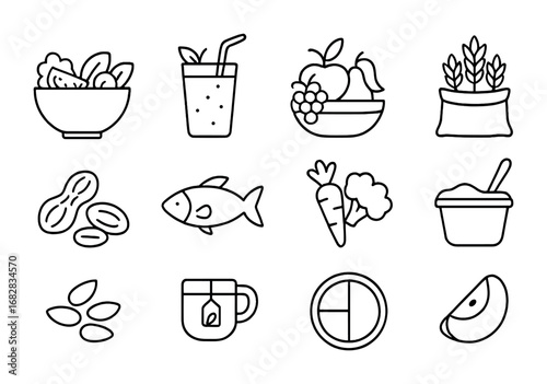 Healthy Eating Icons. Outline icon set of healthy eating habits: salad bowl, smoothie, fruit basket, whole