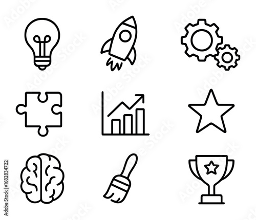 Innovation Icon Set. Outline icon set of innovation and creativity at work: light bulb, rocket, gears, puzzle