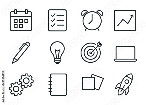 Productivity Tools Icons. Outline icon set of productivity tools: calendar, to-do list, alarm clock, chart,