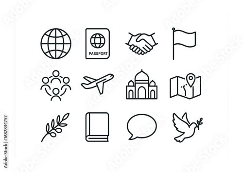 Cultural Empathy Icons. Outline icon set of cultural empathy: globe, passport, handshake, flag, group circle,