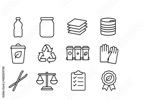 Waste Segregation Icons. Outline icon set of waste segregation: plastic bottle, glass jar, paper stack, metal