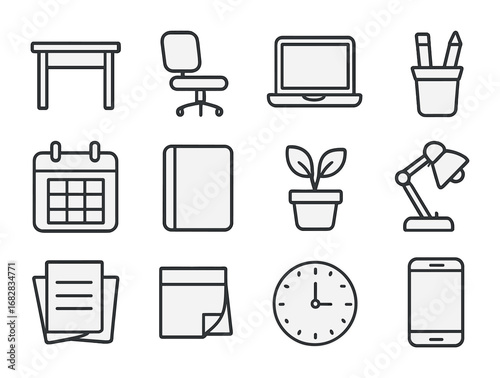 Workspace Icons Grid. Outline icon set of workspace organization: desk, chair, laptop, pen holder, calendar,