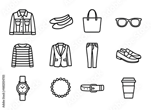Casual Chic Icons. Outline icon set of casual chic: denim jacket, ballet flats, tote bag, sunglasses, striped