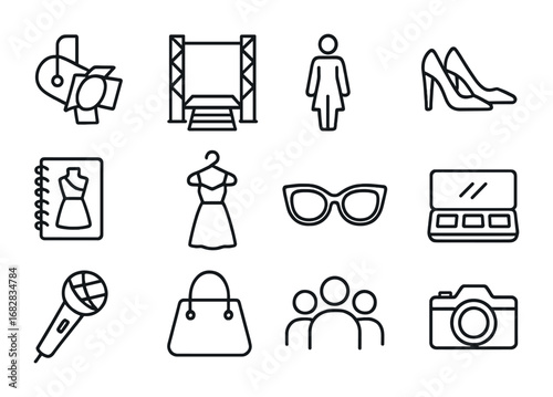 Fashion Icon Set. Outline icon set of fashion runway: spotlight, stage, model figure, heels, sketchbook, dress