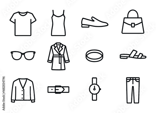 Minimal Fashion Icons. Outline icon set of minimalistic fashion: plain T-shirt, slip dress, neutral shoes,