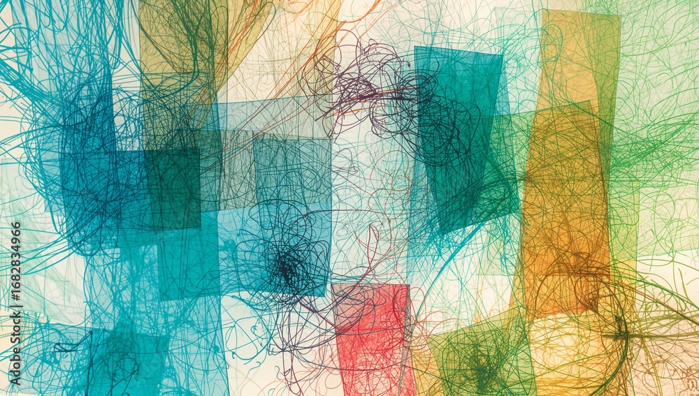 Fototapeta premium Displaying overlapping translucent rectangles and looping scribbles on canvas, with bold contrasts