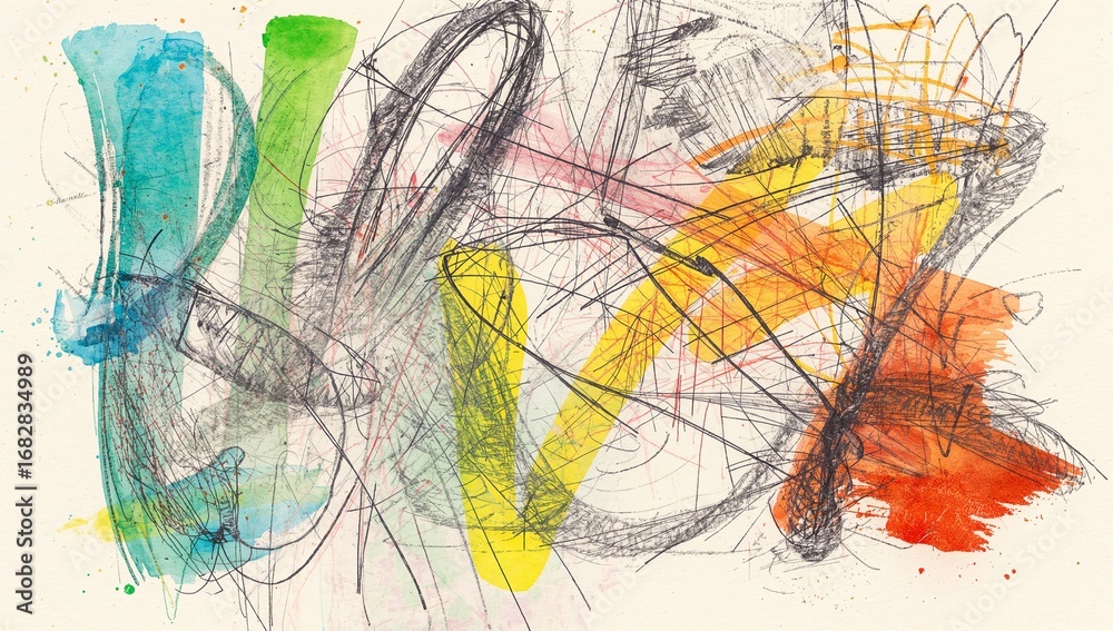 Obraz premium Displaying abstract painting featuring teal and orange washes with dark pencil scribbles on canvas