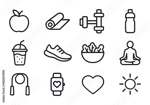 Nomad Lifestyle Icons. Outline icon set of healthy lifestyle for nomad families: apple, yoga mat, dumbbell,