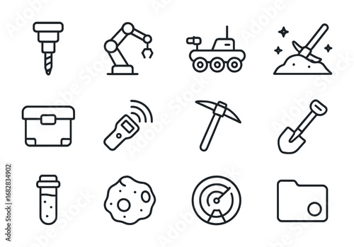 Interstellar Mission Icons. Outline icon set of interstellar excavation missions: drill, robotic arm, space