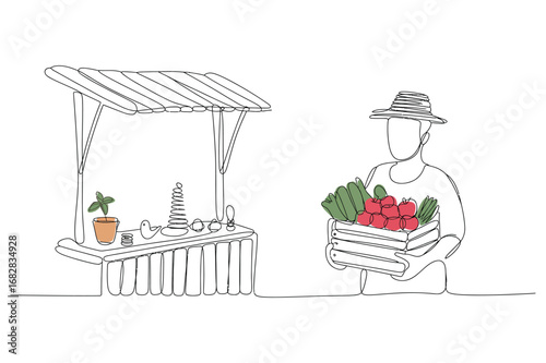 A minimalist, hand-drawn vector illustration of a person holding a crate of produce at a market stand. This editable stroke art is ideal for designs about agriculture, fresh food, and local markets.